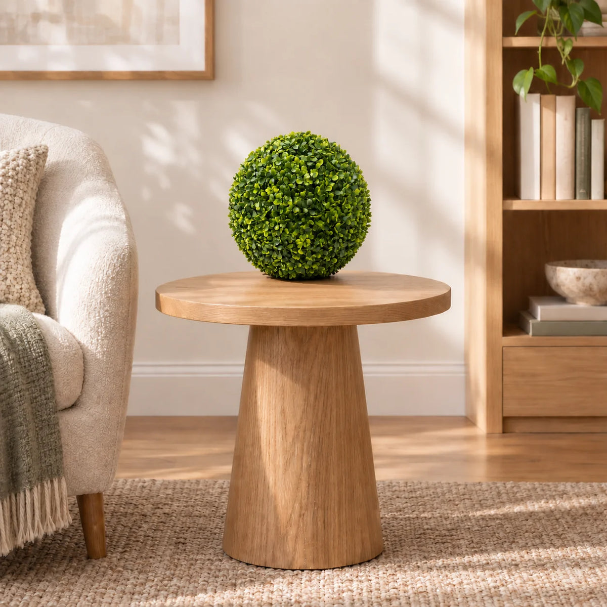 One 28cm mixed boxwood topiary ball styled on a timber side table; furniture shown for styling.