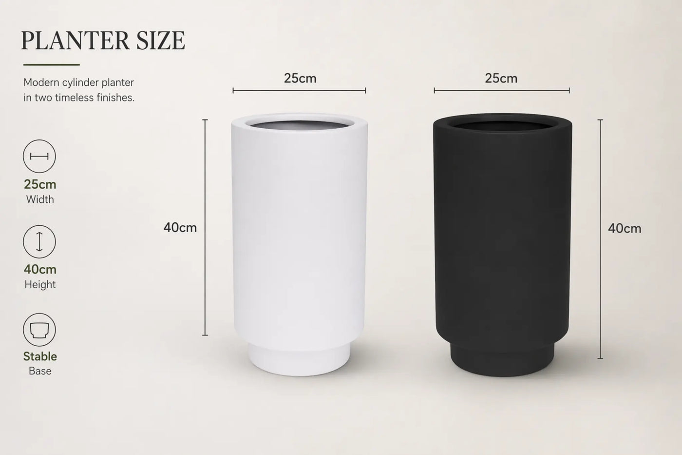 Luxury Cylinder Planter 40cm Matt Black Premium Pot Range