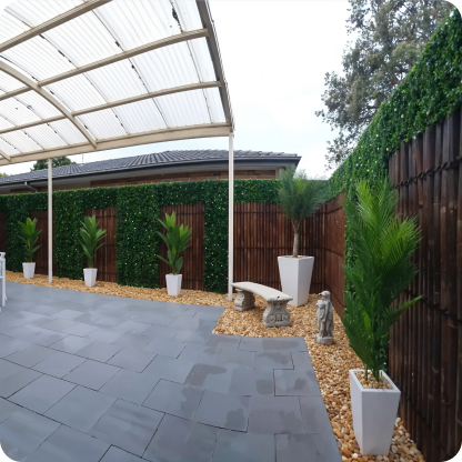 modern patio with tiled floor and green decorative elements