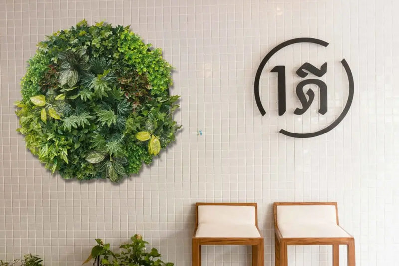 Cafe with an artificial green wall disc