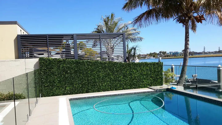 Modern outdoor pool area with turquoise water, a tall green hedge, glass railing, dark metal fence, palm trees, and a waterfront view under a clear blue sky.