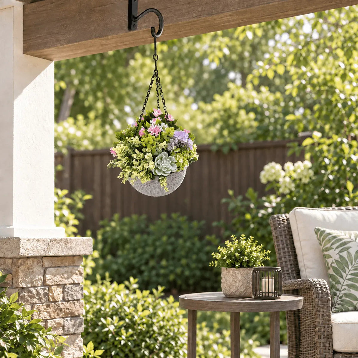 14-inch UV-resistant artificial succulent hanging basket on a sheltered patio