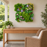 50cm square artificial succulent wall panel above a timber console on a shaded covered verandah.