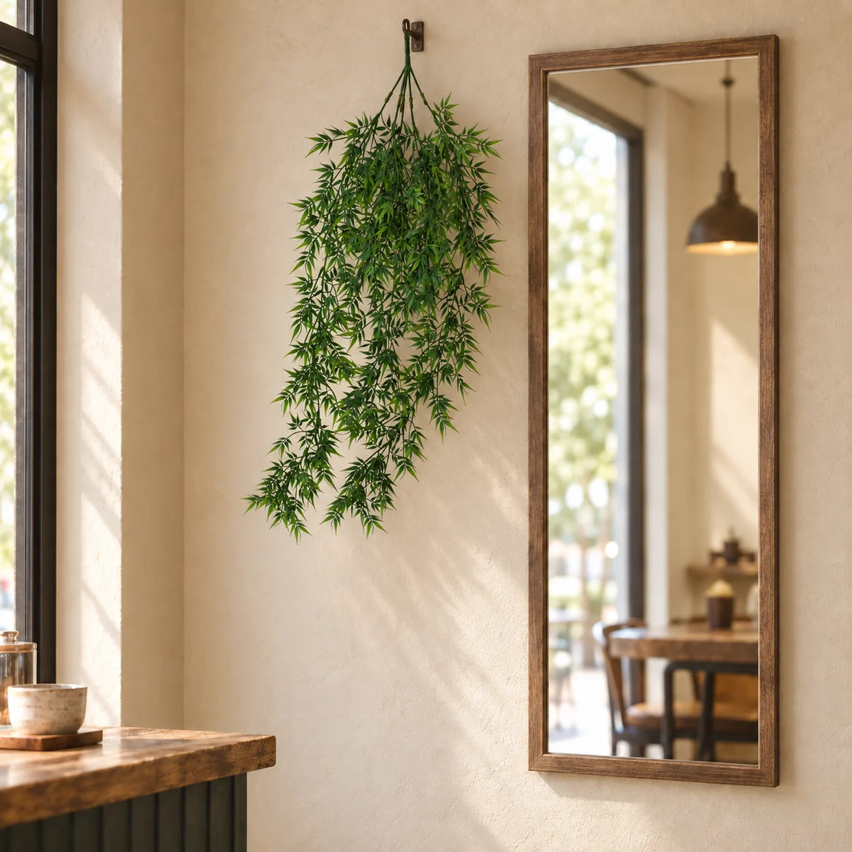 90cm trailing artificial greenery mounted beside a timber-framed mirror in a cafe.