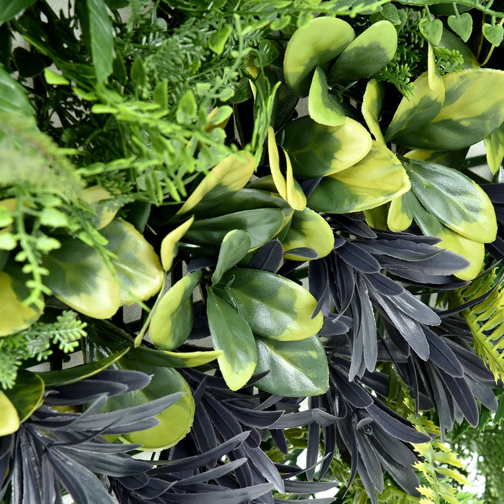 Tropical Luxe Escape artificial green wall panel 1m x 1m, foliage detail 2