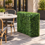 Single 30 by 30-inch UV-resistant two-tone artificial boxwood hedge on a US outdoor café patio