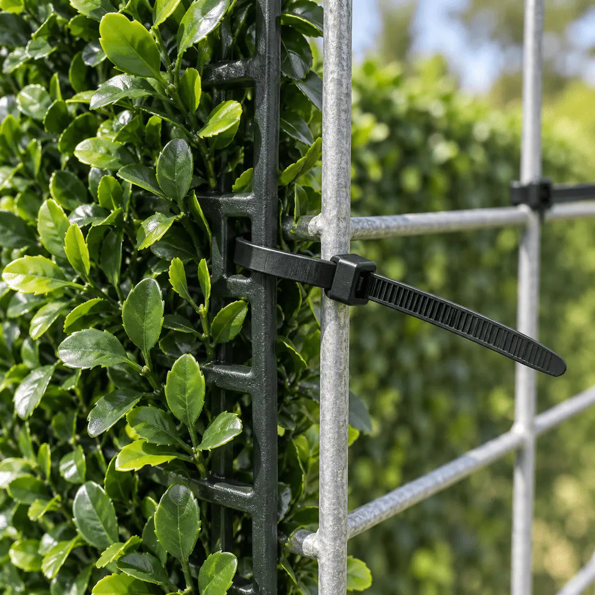 10-inch black UV-resistant zip tie securing an artificial green wall panel to outdoor wire mesh
