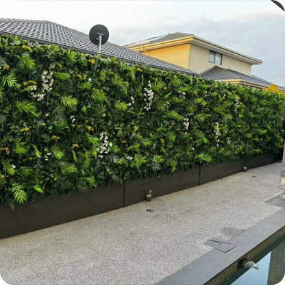 vertical garden by poolside with residential view