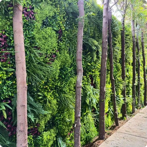 vertical garden with wooden supports and dense green foliage