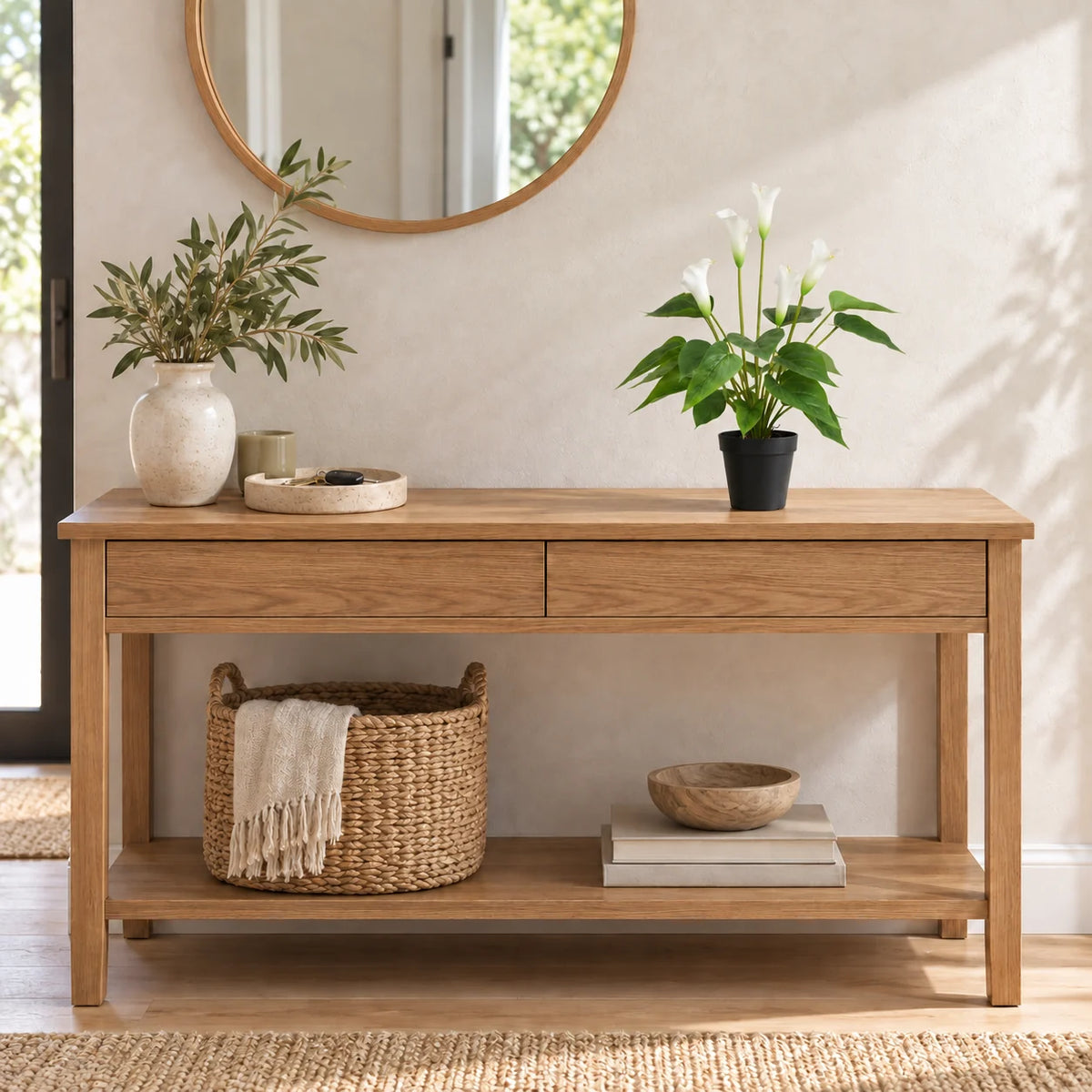 50cm artificial white calla lily in its supplied black pot on an oak entry console; furniture shown for styling.