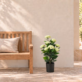 90cm artificial white hydrangea in its supplied black pot beside a terrace bench; furniture shown for styling.