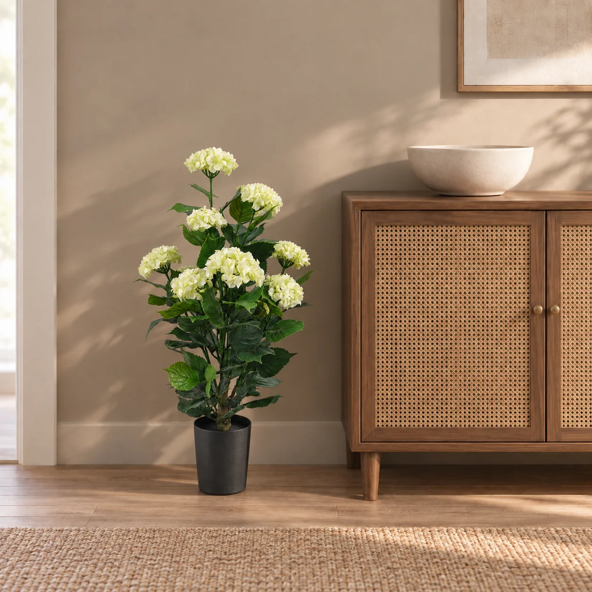 90cm artificial white hydrangea beside an oak reception cabinet in a neutral interior; cabinet shown for styling.