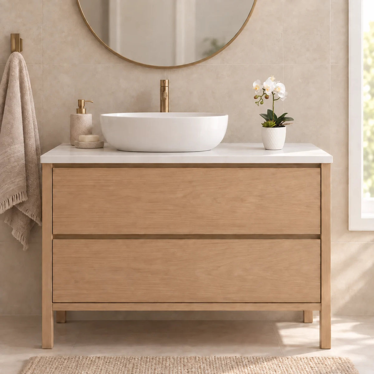 35cm artificial white Phalaenopsis orchid in its supplied decorative pot on a bathroom vanity; fittings shown for styling.