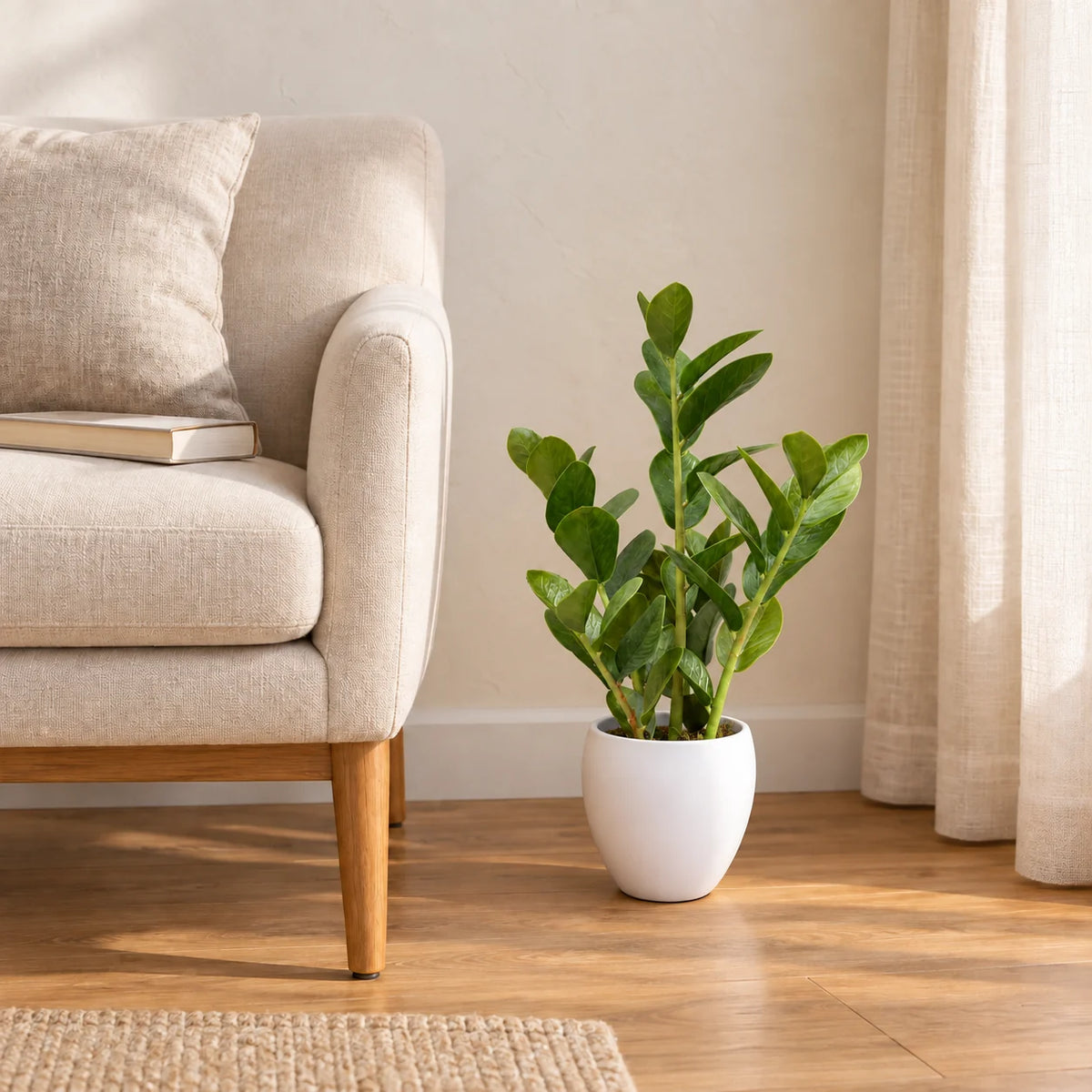 60cm artificial Zanzibar plant in its supplied white pot beside a reading chair; furniture shown for styling.