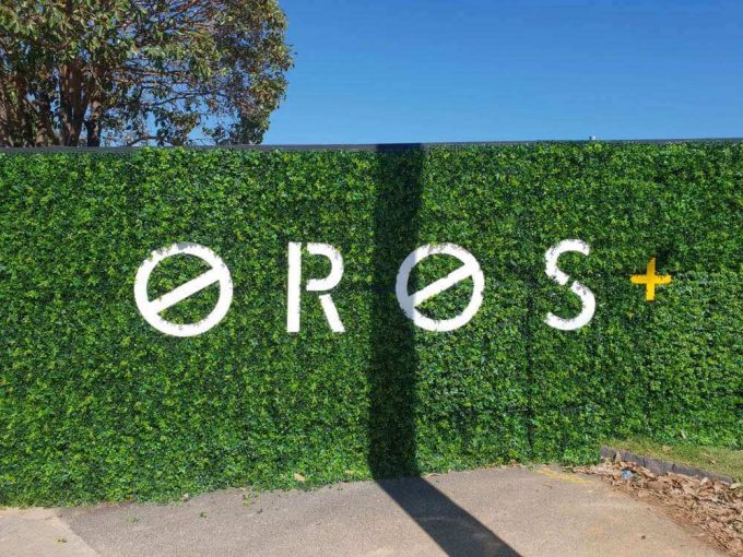 Commercial building wall with artificial sprig sensation panels