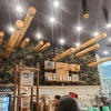 cafe design using artificial plants as a backdrop and entrance statement piece
