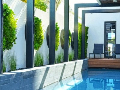 Artificial green wall disks near pool for property value and home