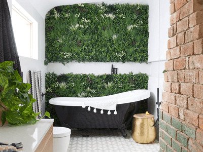 House Rules Pete and Courtney Bathroom renovation Green Tropics Wall - Rainforest green wall - Artificial green wall