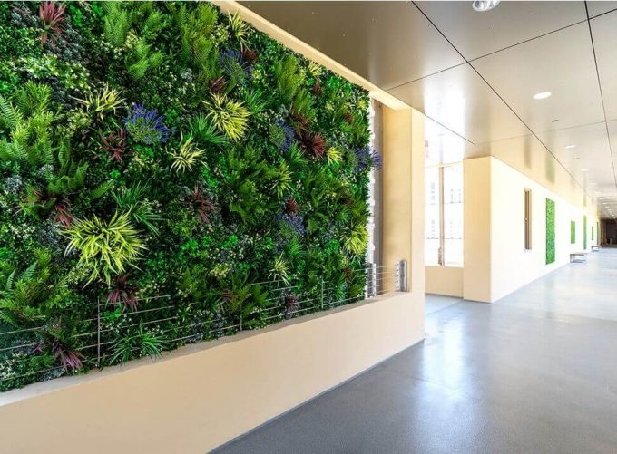 Carpark walk way with fake plant wall