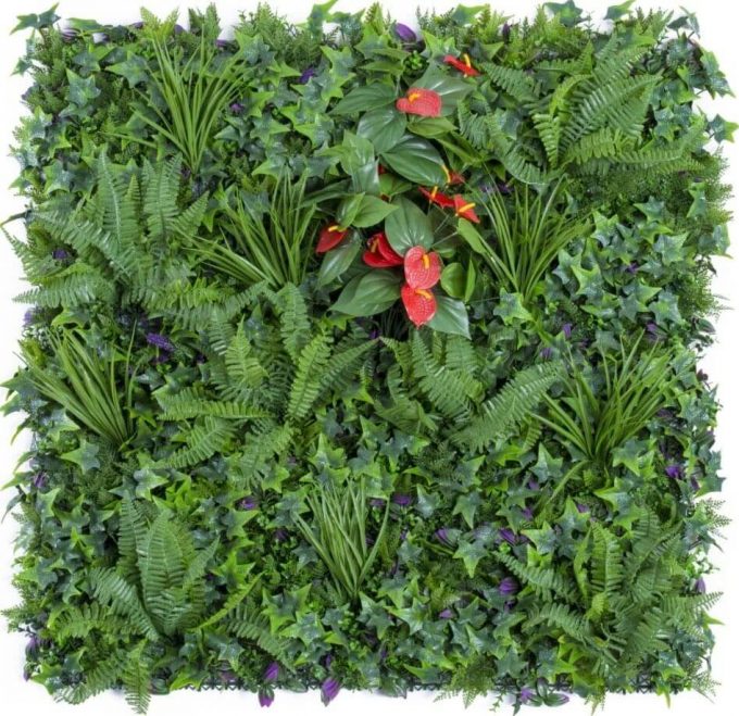 Artificial Green Wall panel with red flowers and ferns