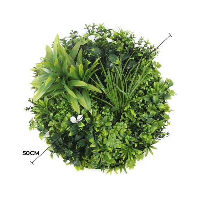 Flowering White Artificial Green Wall Disc UV Resistant 50cm (White Frame)