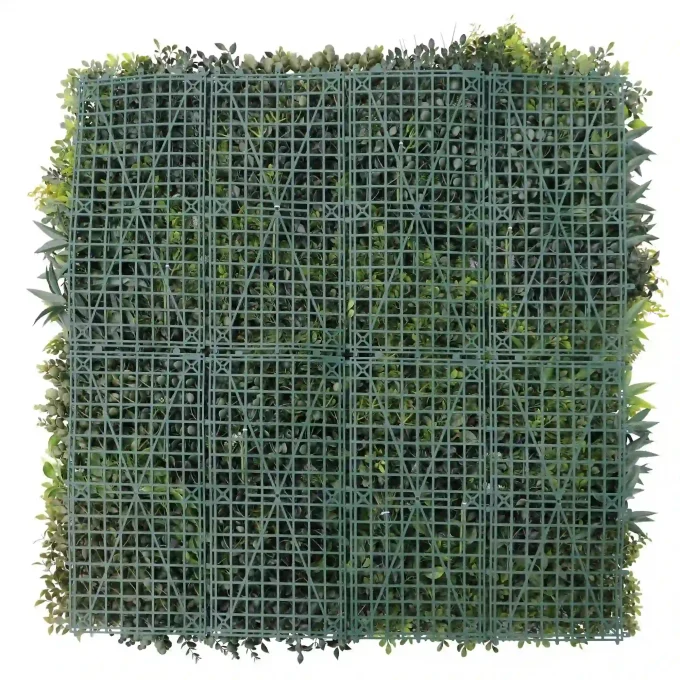 Realistic artificial vertical garden with evergreen style foliage - side view