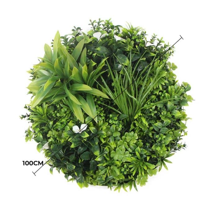 Slimline Flowering White Artificial Green Wall Disc UV Resistant 100cm (Black-Frame)