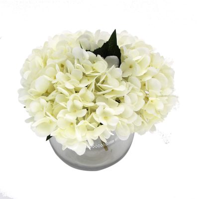 Faux Hydrangea with Glass Vase (Artificial Flowering White Hydrangea)