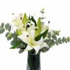 Faux White Tiger Lily Bouquet with Eucalyptus with Glass Vase Flower and Leaves Top View