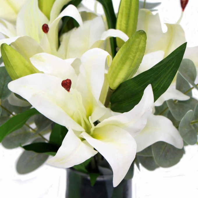 Faux White Tiger Lily Bouquet with Eucalyptus with Glass Vase Flower and Leaves
