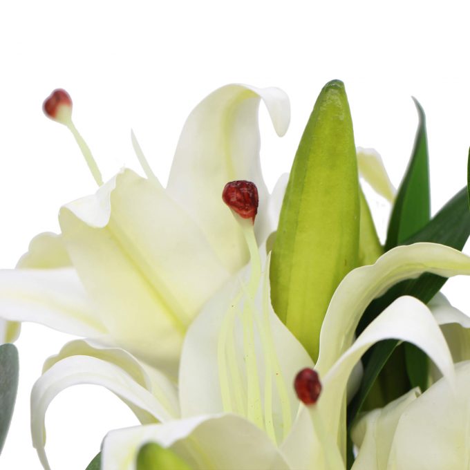 Faux White Tiger Lily Bouquet with Eucalyptus with Glass Vase Flower