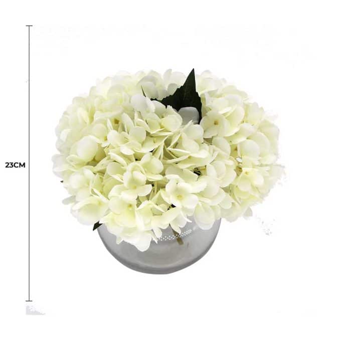 Premium Faux Hydrangea with Glass Vase (Artificial Flowering White Hydrangea) 23cm