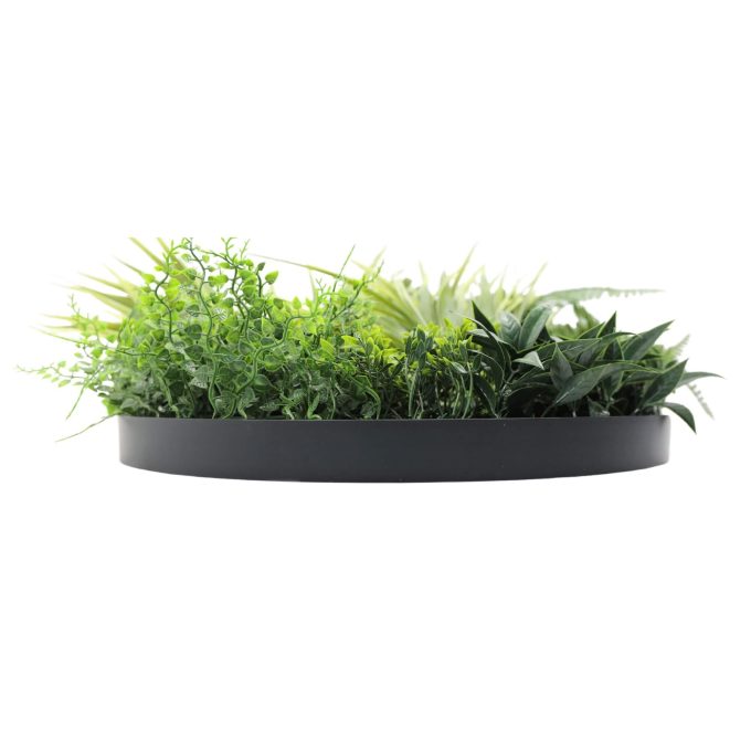 Side View Slimline Artificial Green Wall Disc Art 50cm Grassy Fern Fields UV Resistant (Black) (1)