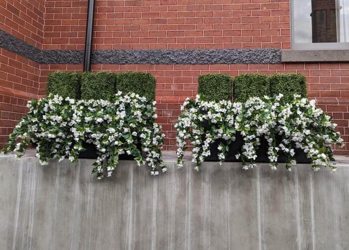 Hanging Artificial Flowering Plants for Outdoors with Boxwood Topiary Plants