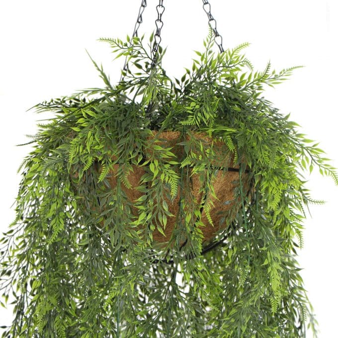 Nearly Natural Hanging Fern Basket with faux Moss and black basket with chain