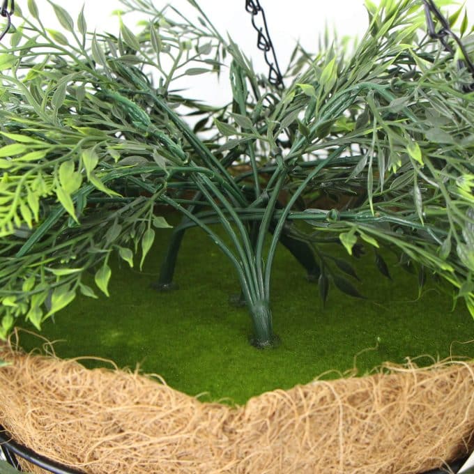 Nearly Natural Hanging Fern Basket with faux Moss with artificial plant stem
