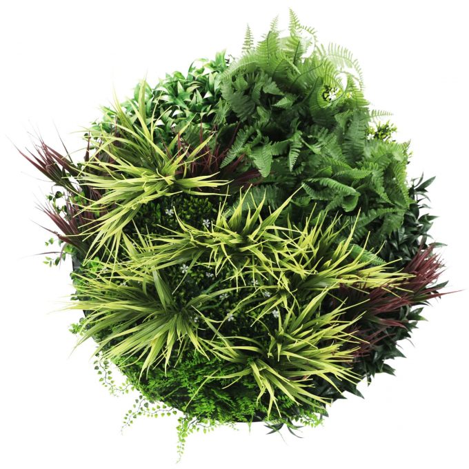 Front View Artificial Green Wall Disc 80cm Grassy Fern Fields White Frame (1)