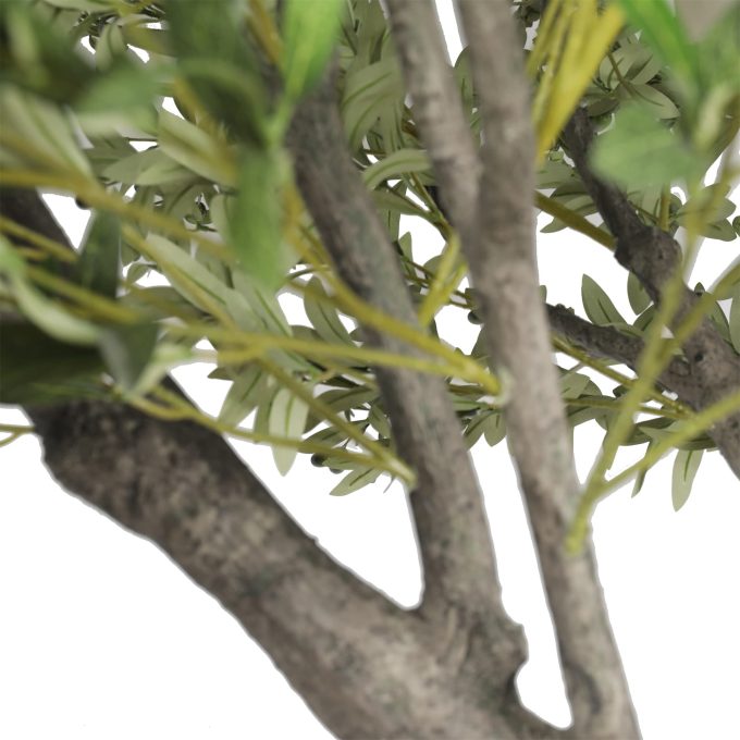 Large Artificial Olive Tree with Metal Plate and Faux Olives attached to the tree close up faux olives internal view of tree