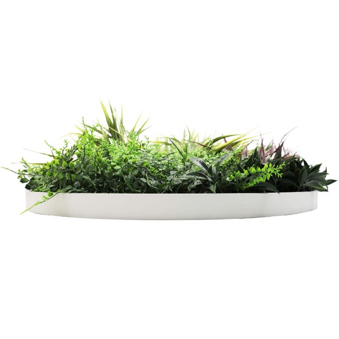 Side View Artificial Green Wall Disc 80cm Grassy Fern Fields White Frame (1)