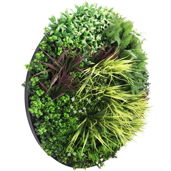 UV Resistant Slimline Artificial Green Wall Disc Black 100cm Grassy Ferns Field Wall Art Side View
