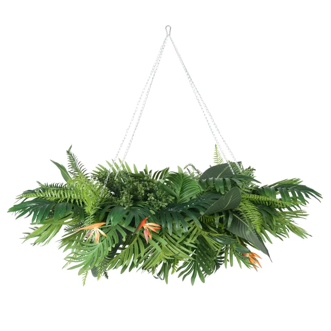 Hanging Artificial Flower Arrangement with Bird of Paradise Flower Faux Palm Leaves