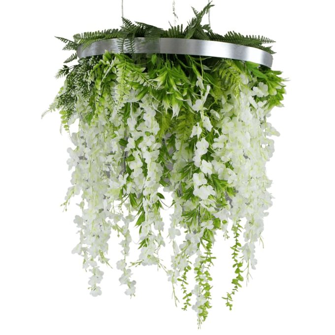 Modern Wall Art with Hanging Artificial Plants and a Silver Metal Frame Designed Faux Wisteria Plants