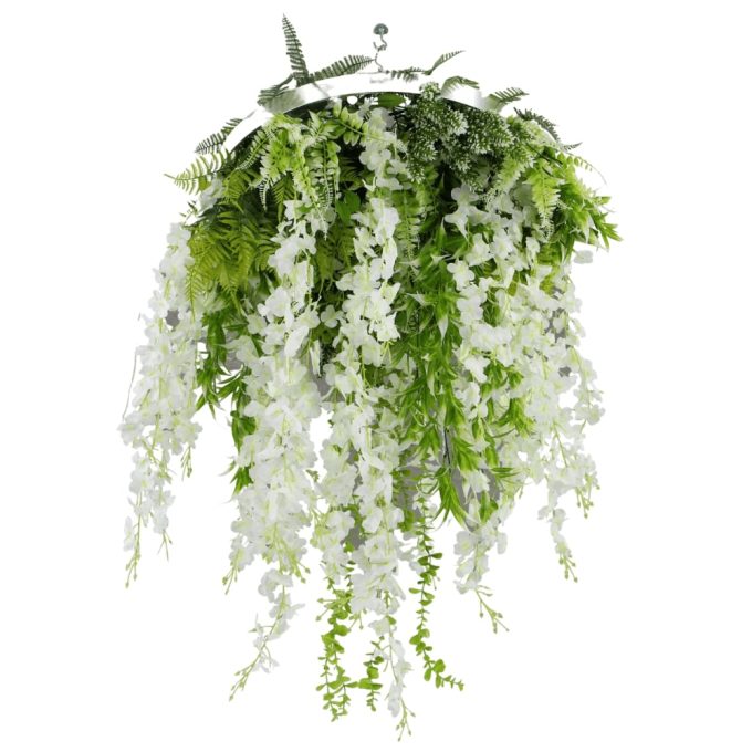 Modern Wall Art with Hanging Artificial Plants and a Silver Metal Frame Designed Hanging Wisteria Arrangement
