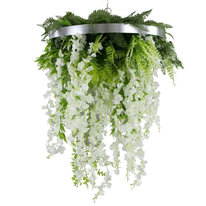 Modern Wall Art with Hanging Artificial Plants and a Silver Metal Frame Designed Hanging Wisteria Plants