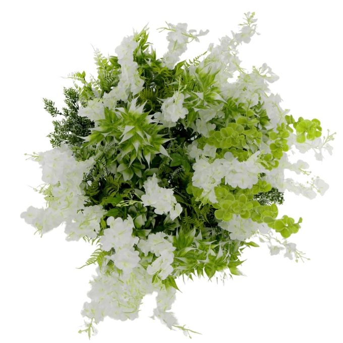 Modern Wall Art with Hanging Artificial Plants and a Silver Metal Frame Designed White Artificial Wisteria Flowers