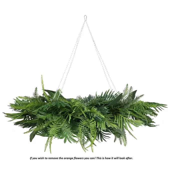 hanging artificial plant wall frame with faux palm leaves and ferns