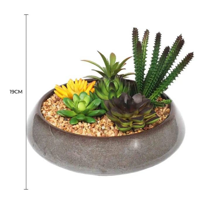Potted Artificial Succulents With Round Decorative Bowl 19cm