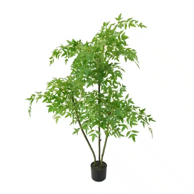 Overhead view of the artificial bamboo plant's canopy, with an intricate array of green leaves