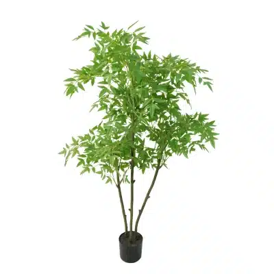 Isolated side view of the artificial bamboo plant, emphasizing the spread of the leaves and the height