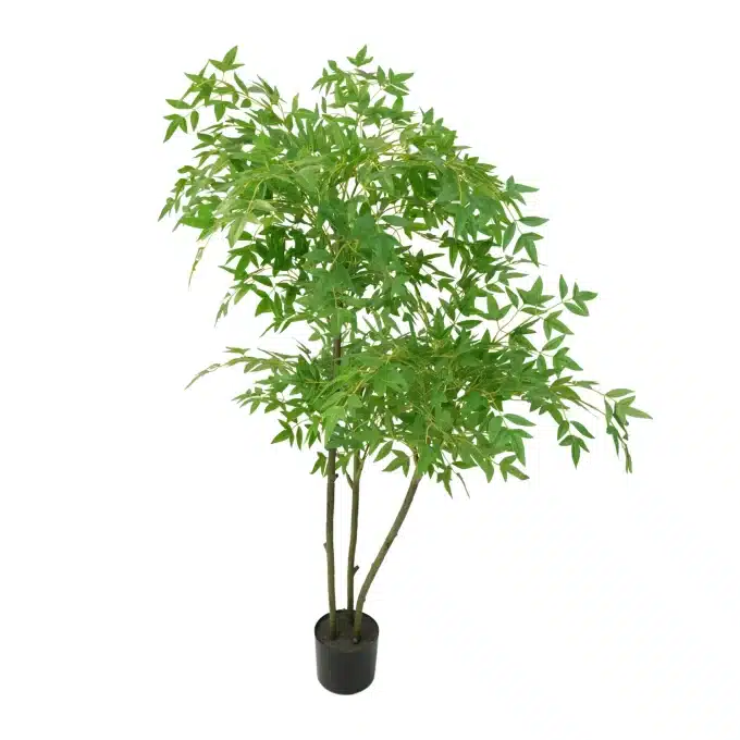 Artificial bamboo plant showcasing its dense green leaves and multiple stems, set in a black pot